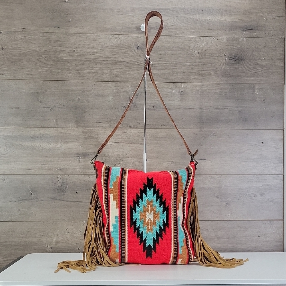American Darling Tapestry/Leather Fringe Crossbody Bag in Red and Turquoise